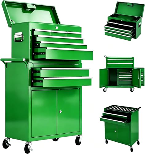 Heavy Duty 8 Drawer Tool Chest, Rolling Tool Box Cabinet on Wheels, 2-in-1 Detachable Metal Tool Storage Organizer for Garage and Workshop, Locking Steel Tool Cart with Portable Top Tool Box, Green - color: Green, size: 24 inch 8 Drawers