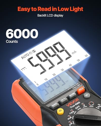 VEVOR Digital Multimeter, 6000-Count TRMS DC/AC Voltmeter Current Tester, Auto-Ranging Multimeter for Current Voltage Resistance Capacitance Temperature Diodes Continuity Low Impedance Measurment