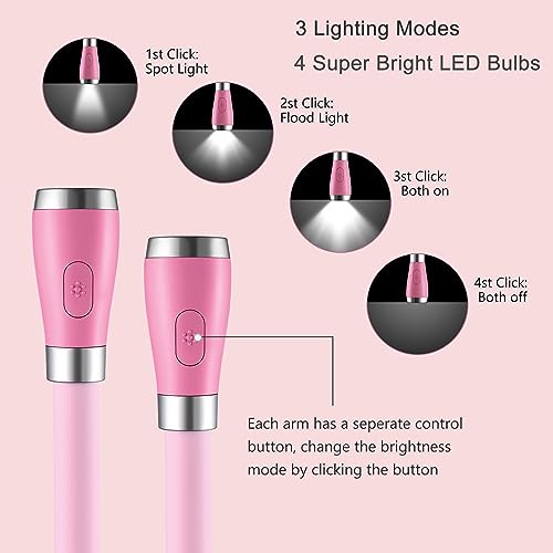 Neck Book Light, LED Reading Lamp, USB-C Rechargeable, Hands Free, 4 LED Bulbs, 4 Adjustable Brightness, for Reading in Bed or Reading in Car Lamp (Pink) - color: Pink