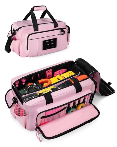Pink Tool Bag for Women, 16 Inches Tool Storage Organizer Box | Spacious Main Compartment, Wide Opening, Multiple Pockets, Padded Handle, Adjustable Shoulder Strap, Tactical MOLLE Loop