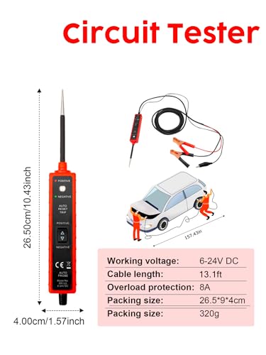 Power Circuit Probe Tester, 6-24V DC Circuit Tester, Test Light Automotive Short Circuit Located, Polarity Identify with LED Light Overload Protection