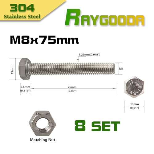 M8-1.25x75mm Hex Bolt and Nut Kit 8set, 304 Stainless Steel (A2-70), Full Thread, Bright Finish, Machine Threaded for Automotive, Machinery, DIY - size: M8x75mm(8 Sets）