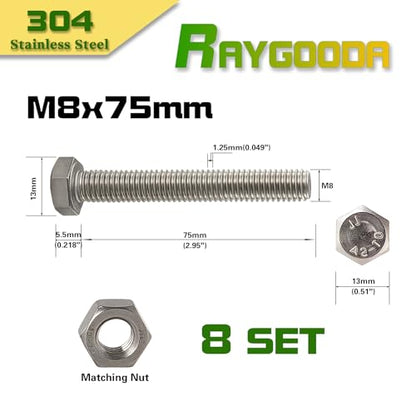 M8-1.25x75mm Hex Bolt and Nut Kit 8set, 304 Stainless Steel (A2-70), Full Thread, Bright Finish, Machine Threaded for Automotive, Machinery, DIY - size: M8x75mm(8 Sets）