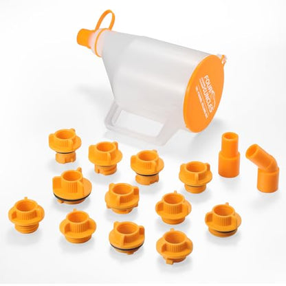 FOUR UNCLES 1.5L Oil Funnel Kit, Universal No-Spill Engine Oil Funnel with 14 Adapters Fits for Most Cars, Trucks & SUVs, Hands-Free Operation and Transparent Monitoring