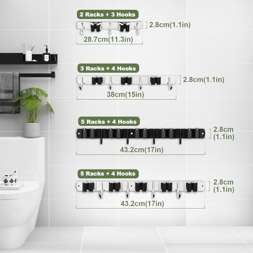 AceMining 5 Racks and 4 Hooks Mop and Broom Holder Wall Mount, Broom Organizer Storage Tool Racks Stainless Steel Heavy Duty Hooks Self Adhesive Solid Non-slip for Home Kitchen Garden Laundry Garage - color: 5 Racks & 4 Hooks (Silver) - 1 Pack
