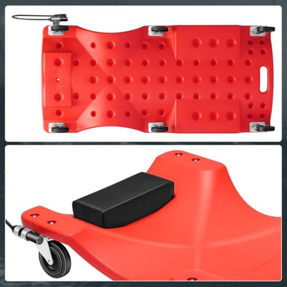 40" Low-Profile Plastic Rolling Mechanic's Floor Creeper with Built-in LED Light, Cushioned Headrest, Dual-Compartment Tool Trays, and Casters CAAP-TOLS-CRP-T2-40-RD