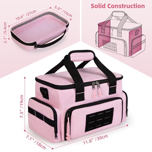 Pink Tool Bag for Women with 2 Clear Pouches, Double Layer Tool Box | 12-inch Tool Bag, Double Top Hndle, Adjustable Shoulder Strap, Ideal for Electrician, Carpenters, Repairman
