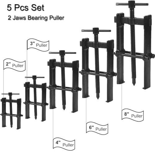 2 Jaws Bearing Puller 5-Piece Set, 2'' 3'' 4'' 6'' 8" Adjustable Two Jaw Puller Remover Tool, Carbon Steel Pump Removing Kit for Wheel, Bearings, Gears, Motorcycle