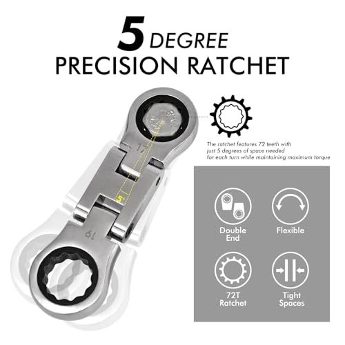 Stubby Wrenches Set, 72-Tooth Flex Head Ratcheting Wrench Set, Compact Double Box End Ratchet Wrench Metric 8-19mm 5 Pieces for Tight Spaces - style: Metric