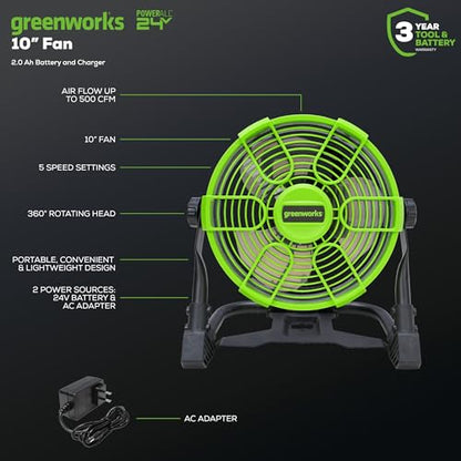 Greenworks 24V 10" (5-Speed) Hybrid Fan (500 CFM) and 500 Lumens Lantern, with 2×2.0Ah Battery and Charger - size: 2PCS Combo Kits(Fan+Camping Light)