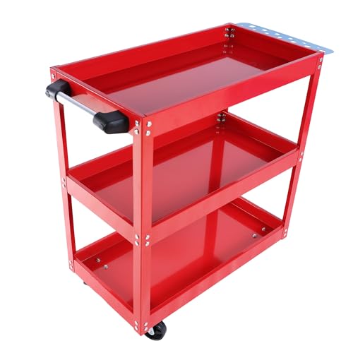 3-Tier Utility Cart,3 Shelves Rolling Carts with Brake Wheels,450lbs Load Capacity,Heavy Duty Mechanic Storage Cart Utility Cart for Garage Warehouse Workshop (Red) - color: Red-middle
