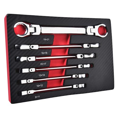 6 Piece Flex Head Flare Nut Wrench Set Metric 9-21mm, 40 Cr Double Open End Brake Line Wrench for Automotive Brake, Fuel, AC Lines and Plumbing Repairs, Flex Tools with EVA Storage Tray - style: 6 Piece
