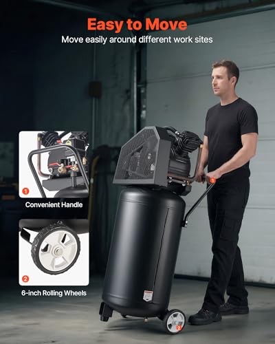 VEVOR 25-Gallon Air Compressor, 2HP 5.5 SCFM at 90PSI, Max 200PSI Pressure Oil-Lubricated Air Compressor Tank, Portable on Wheels for Auto Repair, Tire Inflation, Spray Painting, Woodwork Nailing 120V - size: 25-Gallon