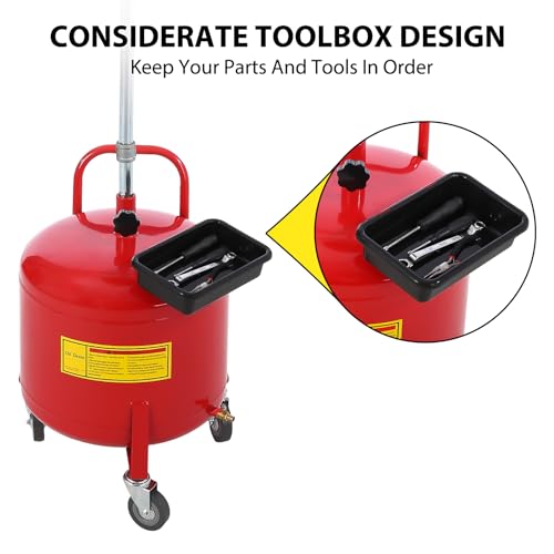 Garvee 8 gal Waste Oil Drain Tank, Portable Oil Drain Container, Air Operated Drainer, Fluid Fuel Transfer Drainage, Adjustable Funnel Height with Wheel &15 in Premium Bowl and a Toolbox, Red - size: 8 Gallon