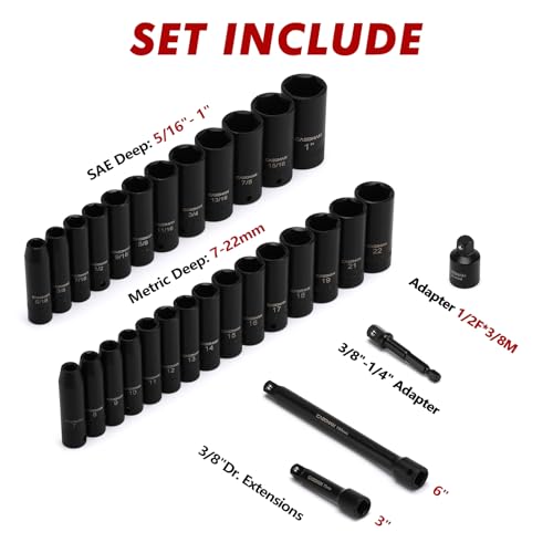 CASOMAN 3/8-Inch Deep Impact Socket Set, Metric & SAE, 31Piece Socket Set, CR-V, Includes Extension Bar (3, 6-inch) & Adapters, Heavy Duty Storage Case - size: 3/8"Drive 31pcs Impact Socket Set