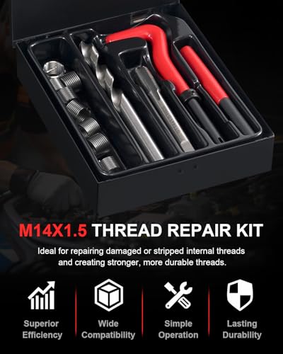 Kolvoii M14 x 1.5 Helicoil Thread Repair Kit, Metric Thread Repair | Repair oil drain plugs and heavy machinery threads with HSS drill, tap and stainless steel insert components - size: M14X1.5