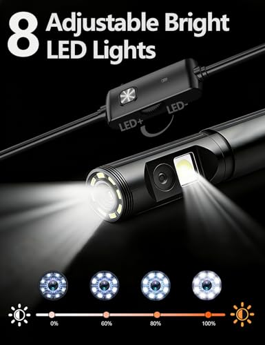 Dual-Lens Endoscope Camera with Light, 1920P HD Borescope with 8 Adjustable LEDs, 16.4FT Semi-Rigid Snake Cord, IP68 Waterproof Inspection Tool for iOS, Android, Automotive, Plumbing, HVAC (7.9mm)