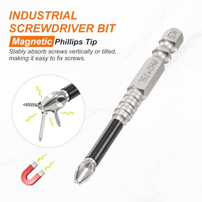 HARFINGTON 6pcs Impact Phillips Screwdriver Bit PH2 (#2) Anti Slip Tip 1/4" Hex Shank 3" (75mm) Long Magnetic Cross Screw Driver Industrial Power Drill Bits for Remove Fastening Screws - size: 3 inch