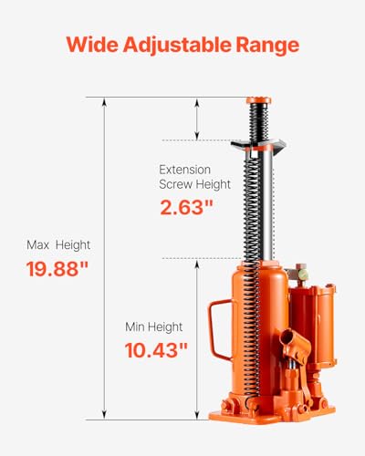 VEVOR Air Hydraulic Bottle Jack, 12 Ton/26455 lbs Pneumatic Hydraulic Bottle Jack with 10.43''-19.88'' Lifting Range & Manual Hand Pump, for Pickup, Truck, RV, Auto Repair, Industrial Engineering