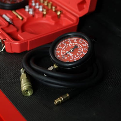 ABN Engine Oil Pressure Tester Tool Kit – Professional Oil Pressure Gauge Kit up to 400 PSI, High and Low Pressure Gauge Kit for Engine Diagnostic, Engine Oil Pressure Tool Kit | Engine Oil & Transmission Gauge Kit, Dual Gauges 0-100 & 0-400 PSI, 14 Adapt