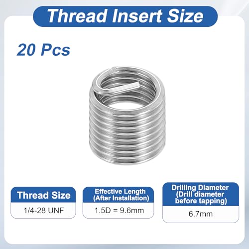 PATIKIL Wire Thread Inserts 1/4-28 UNF 1.5D 9.6mm, 20Pcs 304 Stainless Steel Helical Coiled Wire Screw Threaded Sleeve Sheath for Mechanical Equipment Automotive Repairs - size: 1/4-28 UNF, 9.6mm