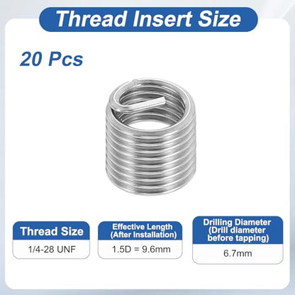 PATIKIL Wire Thread Inserts 1/4-28 UNF 1.5D 9.6mm, 20Pcs 304 Stainless Steel Helical Coiled Wire Screw Threaded Sleeve Sheath for Mechanical Equipment Automotive Repairs - size: 1/4-28 UNF, 9.6mm
