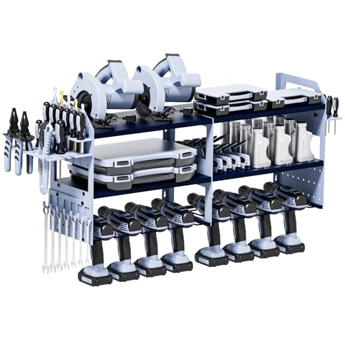 Mens Gifts, Large Power Tool Organizer Wall Mount, Drill Holder for Tool Storage, Tool Holder Storage Rack for Garage Organization, Heavy Duty Metal Tool Shelf Loads 500Lbs(Blue) - color: Blue