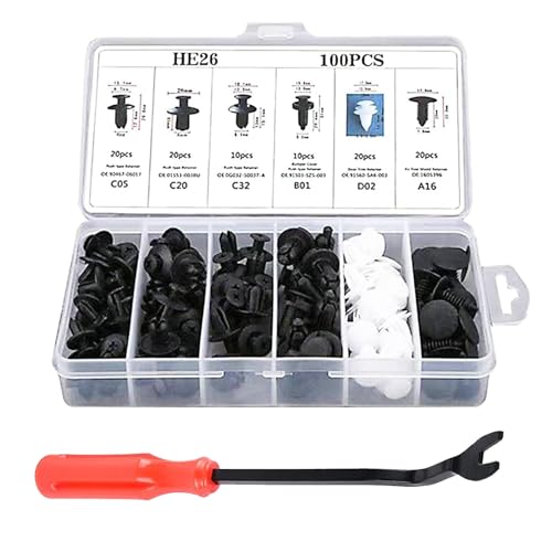 gunhunt 100 PCS Car Bumper Bolt Fastener Set, 6 Types of Door Panel Push Retainer Replacement HE26 with 6" Removal Tool, Bumper Push Retainer Clip Rivet Kit, Universal for Most Cars (White & Black)