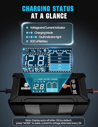 DC HOUSE 12V 5A Battery Charger, Smart LiFePO4 & Lead Acid Battery Maintainer, Trickle Charger & Desulfator for Car, Motorcycle, Automotive Batteries