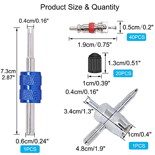 64PCS Tire Valve Stem Removal Tool Kit - 40PCS Tire Valve Cores, 20PCS Valve Stem Caps, 4-Way Valve Tool, Single and Dual Heads Valve Core Remover Tire Repair Tool - size: 64PCS