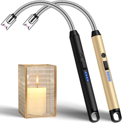 LcFun Candle Lighter Windproof USB C Electric Lighters with 360° Flexible Neck & Safety Lock, 2 Pack Flameless Lighters Long Stem Matches for Candle, Grill, BBQ, Gas Stoves (Black & Gold) - color: Black & Gold