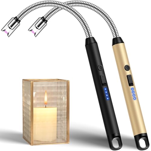 LcFun Candle Lighter Windproof USB C Electric Lighters with 360° Flexible Neck & Safety Lock, 2 Pack Flameless Lighters Long Stem Matches for Candle, Grill, BBQ, Gas Stoves (Black & Gold) - color: Black & Gold