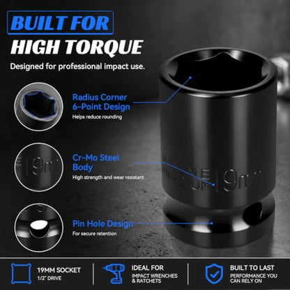 2PCS 19mm Impact Socket 1/2" Drive, 6 Point Metric Shallow Socket, CR-V Steel Heavy Duty Impact Wrench Socket for Automotive Repair - size: 19mm