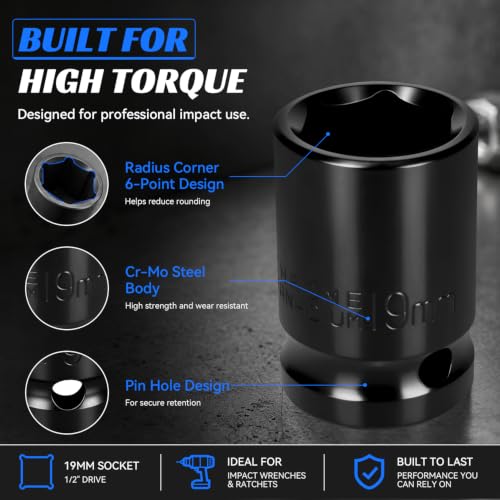 2PCS 19mm Impact Socket 1/2" Drive, 6 Point Metric Shallow Socket, CR-V Steel Heavy Duty Impact Wrench Socket for Automotive Repair - size: 19mm