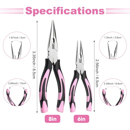 2pcs 6’’& 8’’ Needle Nose Pliers,Large Soft Grip with Wire Cutter | Pink,Paper Clamp Precision, Heavy-Duty CRV Steel, Long Nose Cutting Pliers for Home, Fishing, Jewelry, Crafts