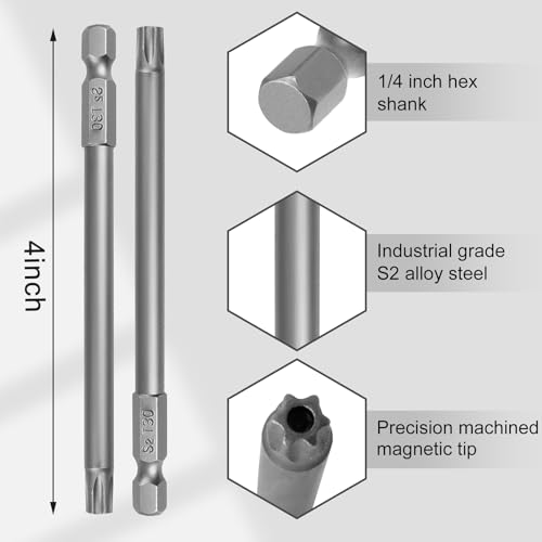 VESTTIO T30 Security Torx Bit Set, Tamper Proof Star Bits Set, Drill Bit Set, 10PCS, 1/4 Inch Hex Shank, 4 inch Length, S2 Alloy Steel, for Power Screwdriver Impact Driver, with Storage Case - size: T30/4 inch