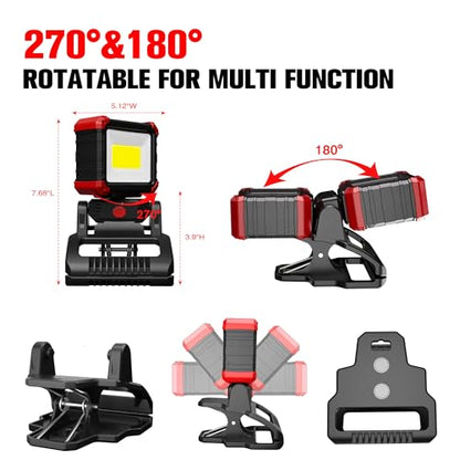 Yls 2 Pack LED Rechargeable Work Light with Clamp, 2100LM COB Magnetic Clip on Worklight with 3 Light Modes, 270°& 180° Rotatable Portable Clamp Worklight for Car Repairing, Jobsite, Grilling, Camping