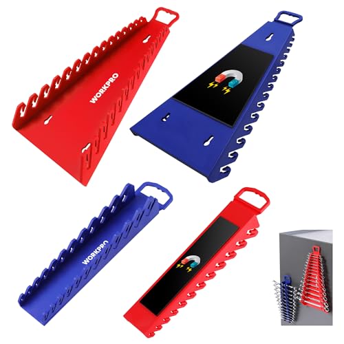 WORKPRO 4-Pack Magnetic Wrench Organizer,15-Slot and 12-Slot Gripper Holder | for Tool Boxes, Flexible Gripping Teeth and Carrying Handle, Fit for SAE and Metric, Blue, Red - style: Gripper Wrench Organizer(4PC)