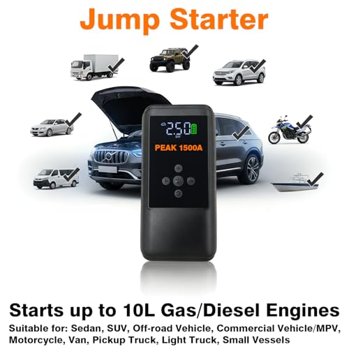 Jump Starters with Air Compressor | 250PSI Tire Inflator Portable Car Battery Booster with, 12V Supersafe Lithium Jump Box Car Battery Jumper Starter (10.0 Gas/6.5L Diesel)