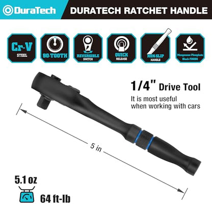 DURATECH 1/4-Inch Drive Ratchet, 90-Tooth Quick-Release Ratchet Wrench | Reversible, Cr-V Made, 4° Swing, Manganese Phosphate Black Finish, Socket Wrench for Men Women Stocking Stuffer for Men Women - size: 1/4"(Black)