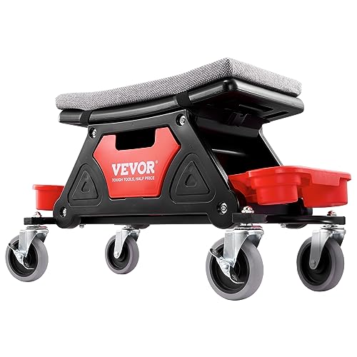 VEVOR Mechanic Stool 300 LBS Capacity Garage Stool Gift for Men, Heavy Duty Rolling Mechanics Seat, with Three Slide Out Tool Trays and Drawer, Tools for Automotive Auto Repair | Auto Repair Heavy Duty Plastic Rolling Mechanics Seat with Cushion, Three Sl