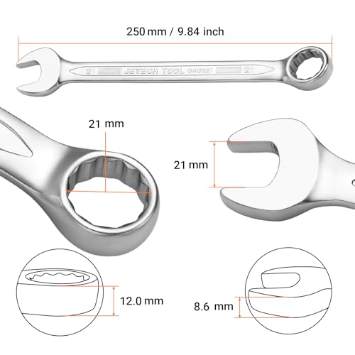 Jetech 21mm Industrial Grade Combination Wrench, Chrome Vanadium Steel, 12-Point Design, 15-Degree Offset, Sand Blasted Finish, Forged, Heat-Treated, Metric - size: 21mm