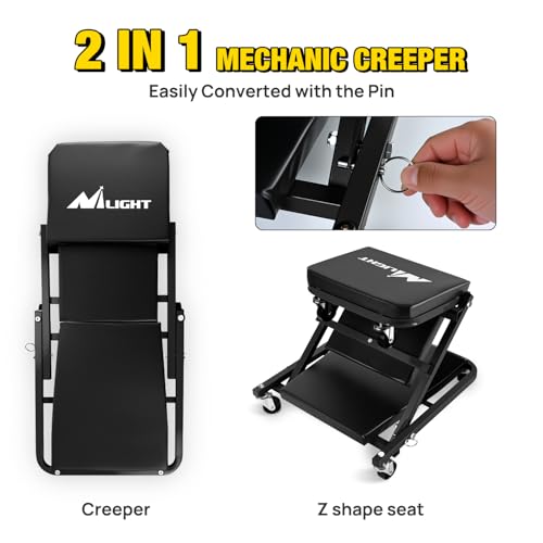 Nilight 36" Z Creeper - 2-in-1 Folding Rolling Mechanic Seat, 36 inches Adjustable Lay-Down or Sit Garage Chair, 300 lbs Capacity, Grey Black - color: Black