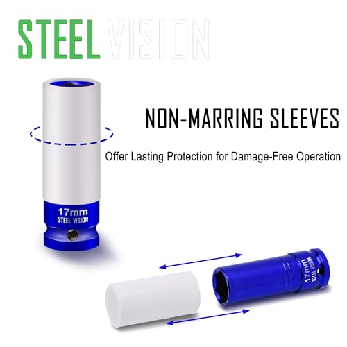 Steel Vision 1/2" Drive Lug Nut Impact Socket Set, 7 PC Metric 17, 19, 21, 22, 23, 24 & 27 mm，Cr-Mo Alloy Wheel Socket Set, Color-Coded Deep Lug Nut Impact Socket Set - color: 7pc Metric