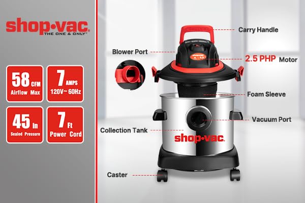 Shop-Vac 5430148 Wet/Dry Vacuum Cleaner, 4 Gallon, 2.5 Peak HP, 1.25 Inch Diameter x 7 Foot Hose, 7 Foot Cord, Ideal for Jobsite, Garage & Workshop