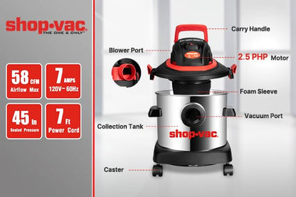 Shop-Vac 5430148 Wet/Dry Vacuum Cleaner, 4 Gallon, 2.5 Peak HP, 1.25 Inch Diameter x 7 Foot Hose, 7 Foot Cord, Ideal for Jobsite, Garage & Workshop