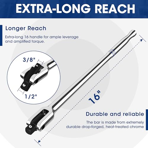 WORKPRO Dual Drive Breaker Bar, 3/8" & 1/2" Drive, Heavy Duty Breaker Bars, 16-inch Length with 360° Rotatable Head, Spring-loaded Detent Ball, Chrome Vanadium Steel Made - color: Silver, size: 16" × Dual Drive 3/8"+1/2"