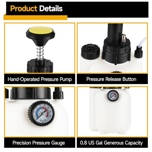 3L / 101.4 fl oz One Man Brake Bleeder Kit, Manual Brake Bleed Pump with 4 Adapters, Master Cylinder Bleeder Kit with 1L / 33.8 fl oz Waste Oil Bottle, Pressure Gauge 0-90 PSI for Car Truck Motorcycle