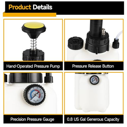 3L / 101.4 fl oz One Man Brake Bleeder Kit, Manual Brake Bleed Pump with 4 Adapters, Master Cylinder Bleeder Kit with 1L / 33.8 fl oz Waste Oil Bottle, Pressure Gauge 0-90 PSI for Car Truck Motorcycle