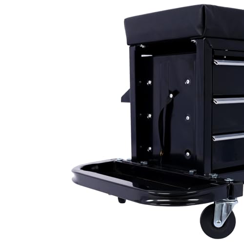 Mechanic Roller Seat with Tool Box, 3-Drawer Rolling Tool Chest Stool Mechanic Stool with Side Tool Trays